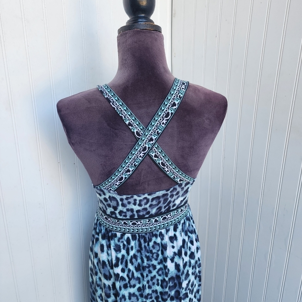 INC Internationa Leopard Print Maxi Dress Crisscross Back Blue Stretch V-Neck XL - Picture 7 of 14